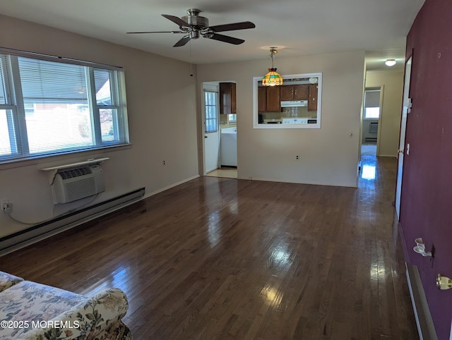 unfurnished living room featuring a ceiling fan, dark wood-style flooring, baseboard heating, and a wall mounted AC