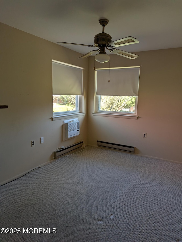 unfurnished room with a baseboard radiator, ceiling fan, a wall mounted air conditioner, and carpet