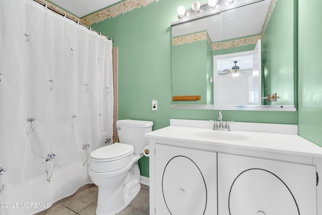 8A Lafayette Dr, Whiting, NJ 08759 - full bathroom featuring toilet, vanity, tile patterned flooring, ceiling fan, and shower / bathtub combination with curtain