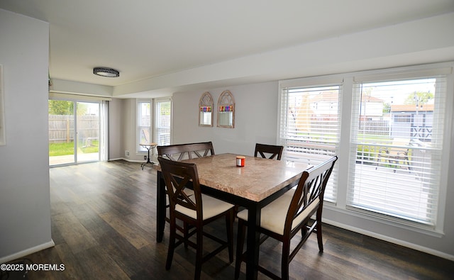 dining room with dark wood-style flooring and baseboards