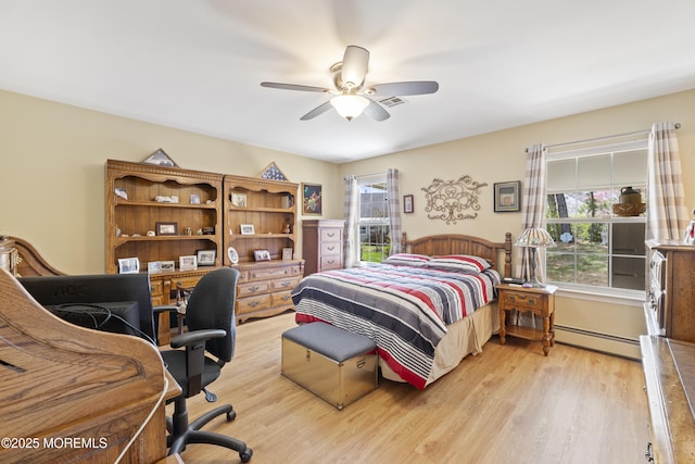 bedroom featuring visible vents, ceiling fan, light wood-style floors, and a baseboard radiator