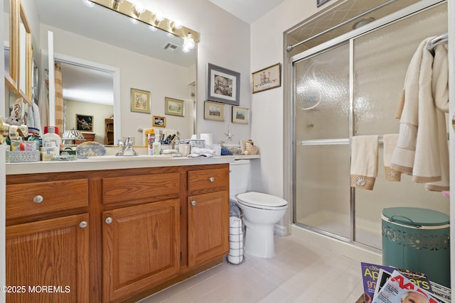 bathroom with tile patterned floors, toilet, vanity, visible vents, and a stall shower