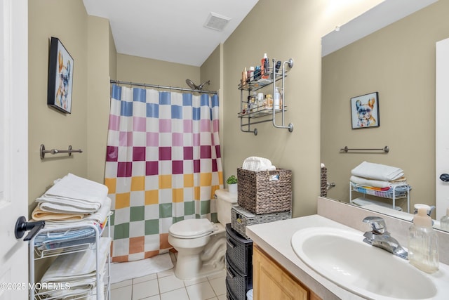 bathroom with visible vents, tile patterned flooring, vanity, curtained shower, and toilet