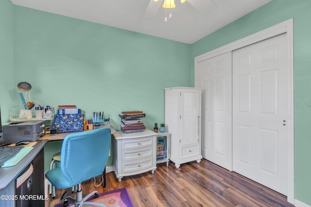 office area featuring a ceiling fan and dark wood-type flooring