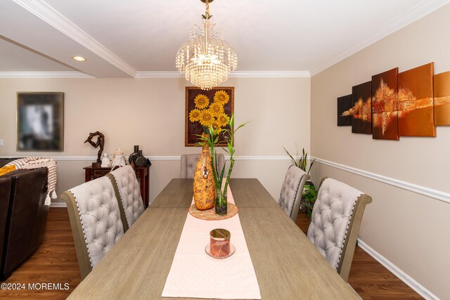 291 Marigold Ct, Toms River, NJ 08753 - dining space with crown molding, a chandelier, baseboards, recessed lighting, and wood finished floors