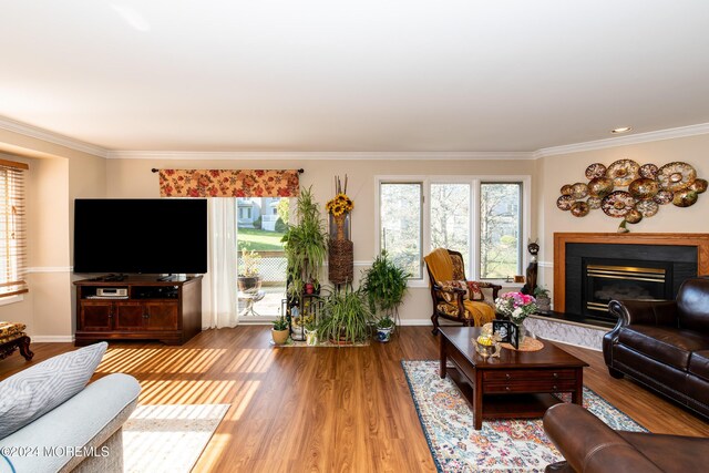 291 Marigold Ct, Toms River, NJ 08753 - living area featuring baseboards, ornamental molding, wood finished floors, and a fireplace