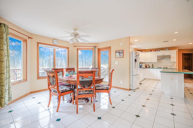 dining space with plenty of natural light, recessed lighting, baseboards, and ceiling fan