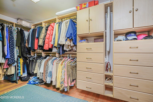 walk in closet with wood finished floors