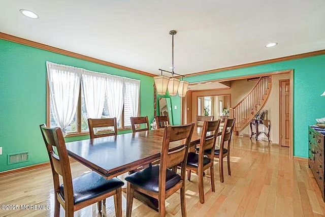 100 Five Points Rd, Freehold, NJ 07728 - dining space featuring crown molding, stairway, light wood-style floors, baseboards, and recessed lighting