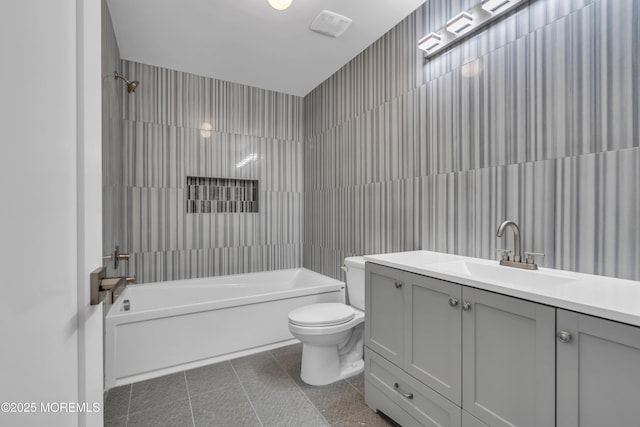full bath featuring tile patterned floors, toilet, shower / bathing tub combination, vanity, and visible vents