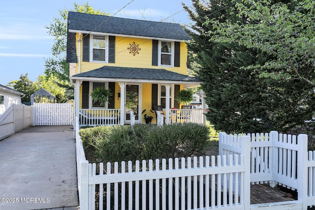 american foursquare style home featuring roof with shingles, fence, and covered porch