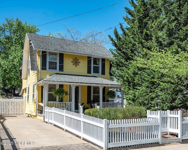view of front facade with a porch, a shingled roof, and a fenced front yard
