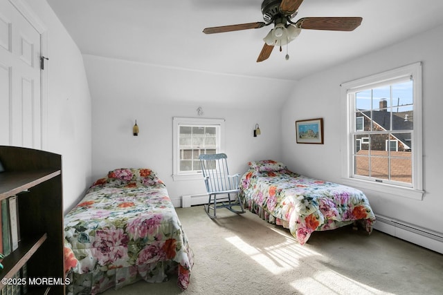 carpeted bedroom with ceiling fan, lofted ceiling, baseboard heating, and multiple windows