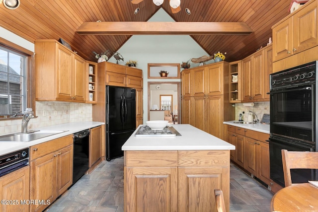 kitchen with wood ceiling, open shelves, a sink, and black appliances