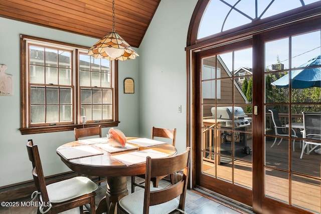 dining area featuring wood ceiling and lofted ceiling