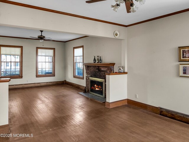 50 Bridge Ave, Bay Head, NJ 08742 - unfurnished living room featuring ceiling fan, wood finished floors, a brick fireplace, and ornamental molding