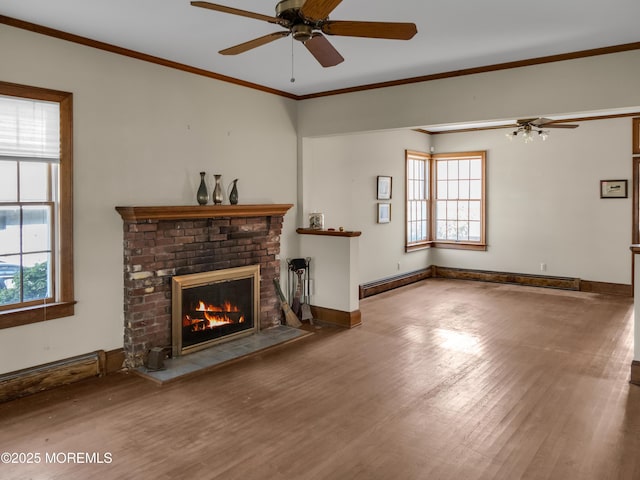 50 Bridge Ave, Bay Head, NJ 08742 - unfurnished living room with a ceiling fan, a fireplace, wood finished floors, ornamental molding, and a baseboard radiator