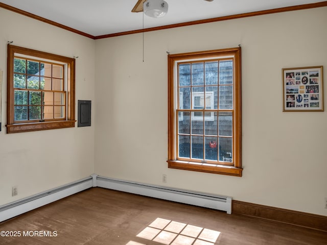 50 Bridge Ave, Bay Head, NJ 08742 - spare room featuring wood finished floors, ornamental molding, a baseboard radiator, and electric panel