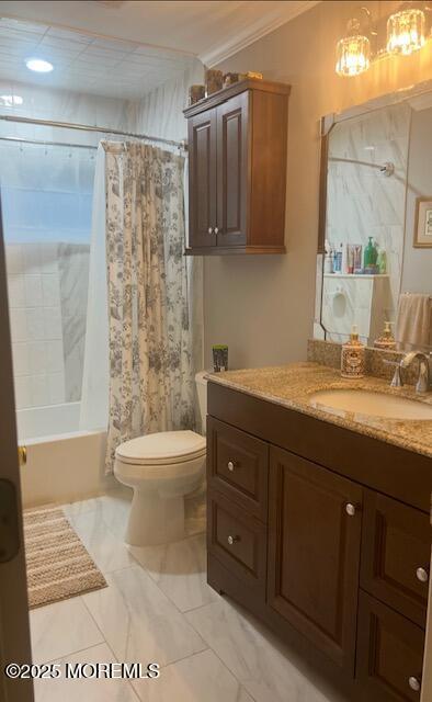 102 Buckingham Dr, Jackson, NJ 08527 - bathroom with vanity, toilet, shower / tub combo, marble look tile flooring, and ornamental molding