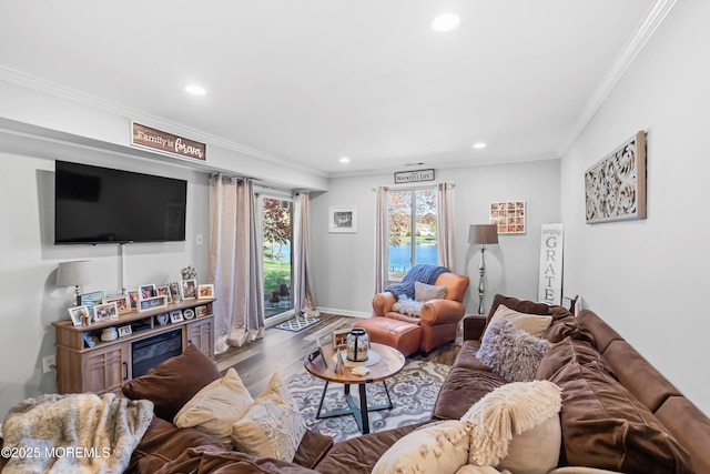 living area with baseboards, ornamental molding, recessed lighting, and wood finished floors