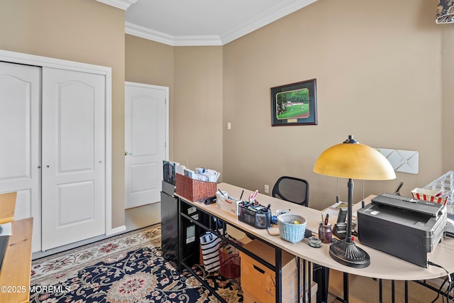 tiled home office featuring ornamental molding
