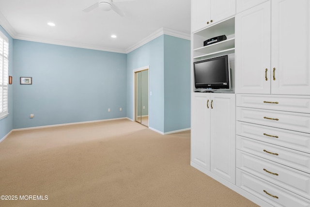 unfurnished living room with light carpet, crown molding, baseboards, ceiling fan, and recessed lighting