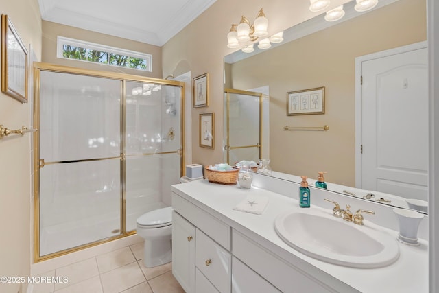 full bathroom featuring tile patterned floors, a stall shower, ornamental molding, vanity, and toilet