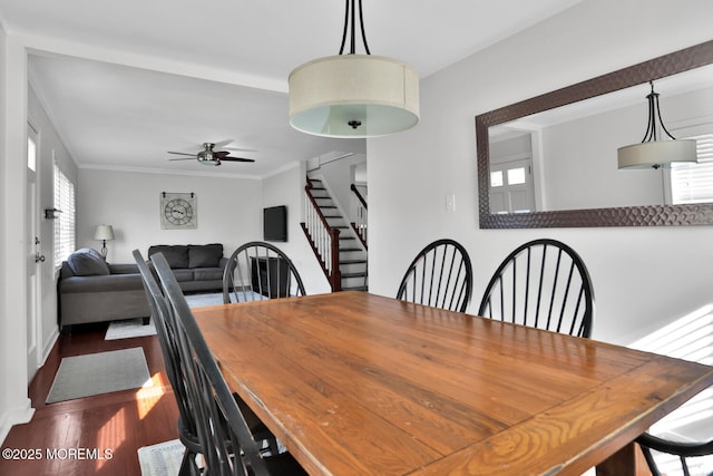 dining room featuring ceiling fan, a healthy amount of sunlight, stairway, and dark wood-style floors