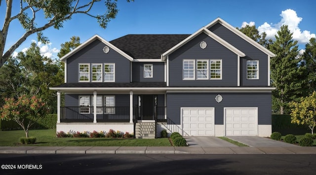 traditional-style home with brick siding, a garage, a porch, a front yard, and driveway
