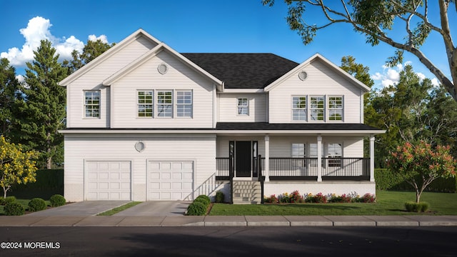 traditional home with covered porch, roof with shingles, a garage, a front lawn, and concrete driveway