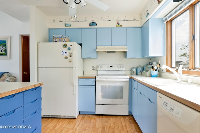 kitchen with under cabinet range hood, a sink, blue cabinetry, and white appliances