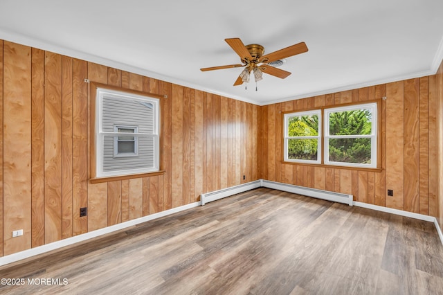 4 Norway Rd, Toms River, NJ 08757 - unfurnished room with a baseboard radiator, wood finished floors, a ceiling fan, ornamental molding, and baseboards