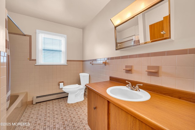 4 Norway Rd, Toms River, NJ 08757 - full bathroom with a baseboard radiator, toilet, a wainscoted wall, tile walls, and shower / bathtub combination with curtain