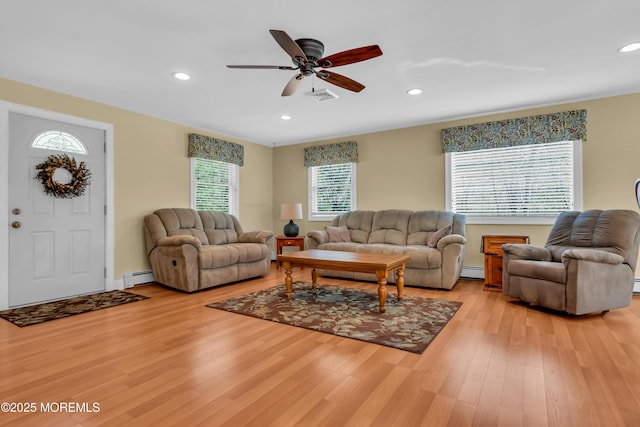 86 Cox Cro Rd, Toms River, NJ 08755 - living area with ceiling fan, visible vents, a baseboard radiator, a baseboard heating unit, and light wood-style floors