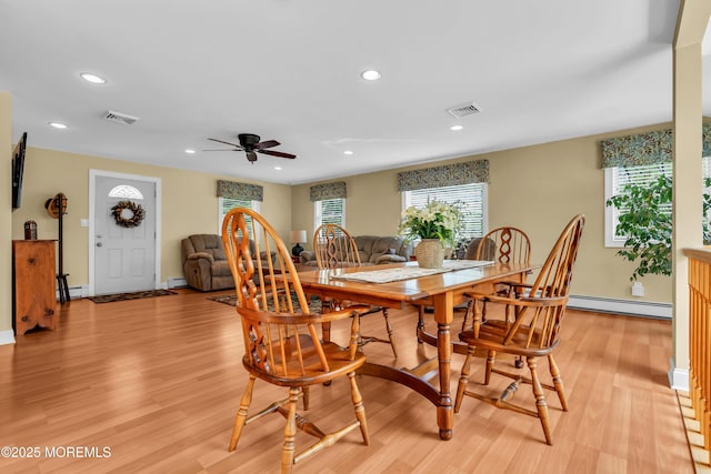 86 Cox Cro Rd, Toms River, NJ 08755 - dining room with recessed lighting, ceiling fan, visible vents, and baseboard heating