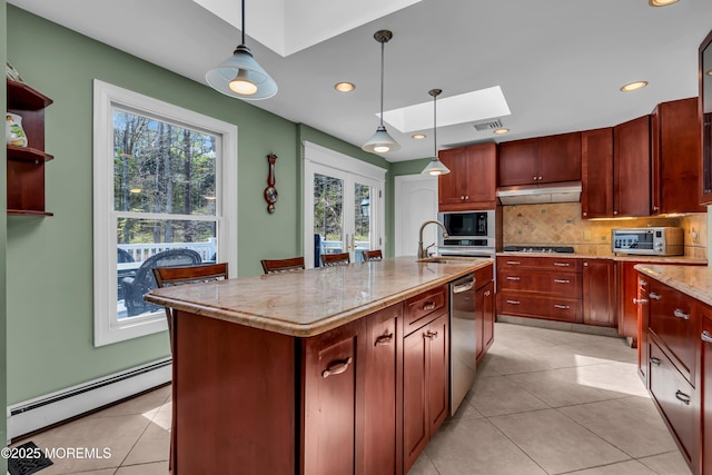 86 Cox Cro Rd, Toms River, NJ 08755 - kitchen with light tile patterned flooring, decorative backsplash, under cabinet range hood, a skylight, and a baseboard heating unit