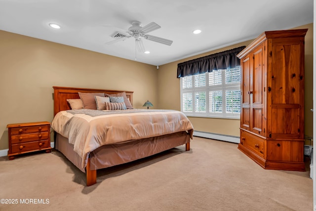 86 Cox Cro Rd, Toms River, NJ 08755 - bedroom featuring recessed lighting, a baseboard radiator, visible vents, and light carpet