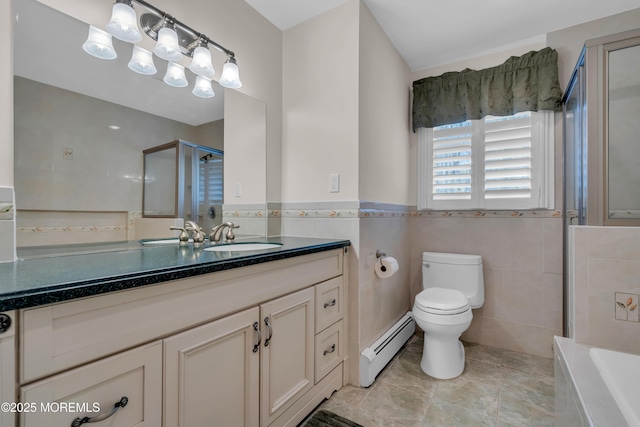 86 Cox Cro Rd, Toms River, NJ 08755 - full bath featuring toilet, tile walls, baseboard heating, tile patterned floors, and a shower with shower door