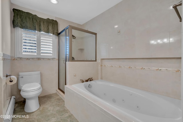 86 Cox Cro Rd, Toms River, NJ 08755 - full bathroom with tile walls, a shower stall, a baseboard radiator, a whirlpool tub, and toilet