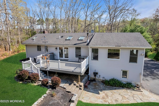86 Cox Cro Rd, Toms River, NJ 08755 - rear view of property with a wooden deck, roof with shingles, a chimney, a patio area, and a lawn