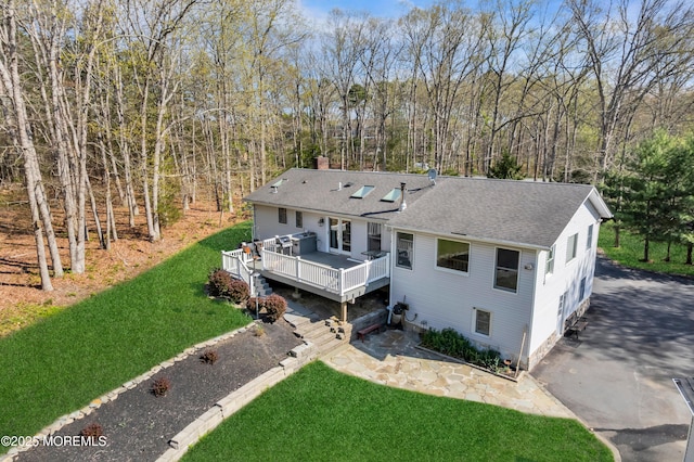 86 Cox Cro Rd, Toms River, NJ 08755 - exterior space featuring a yard, a chimney, a shingled roof, and a wooden deck