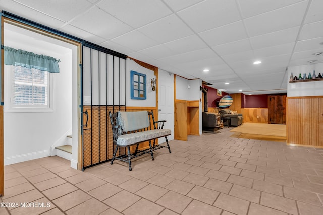 86 Cox Cro Rd, Toms River, NJ 08755 - living area with wooden walls, stairway, recessed lighting, a paneled ceiling, and a wainscoted wall