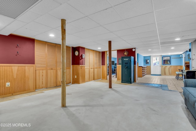 86 Cox Cro Rd, Toms River, NJ 08755 - basement with visible vents, wood walls, recessed lighting, a paneled ceiling, and a wainscoted wall