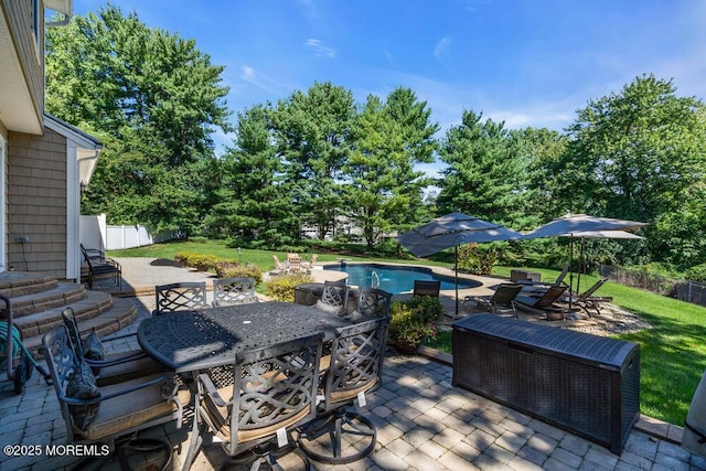 view of patio / terrace featuring a fenced in pool, outdoor dining area, and a fenced backyard