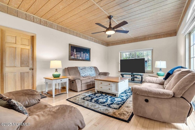 living area with plenty of natural light, light wood-style flooring, ceiling fan, and wooden ceiling