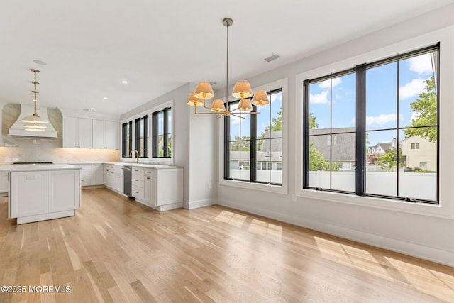 24 Baruch Dr, Long Branch, NJ 07740 - kitchen featuring custom range hood, a chandelier, decorative backsplash, white cabinets, and light countertops