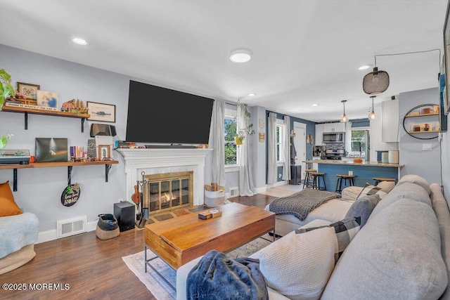 living area with a glass covered fireplace, baseboards, wood finished floors, and visible vents