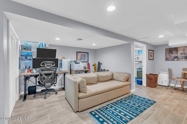 office area featuring baseboards, wood finish floors, recessed lighting, and visible vents