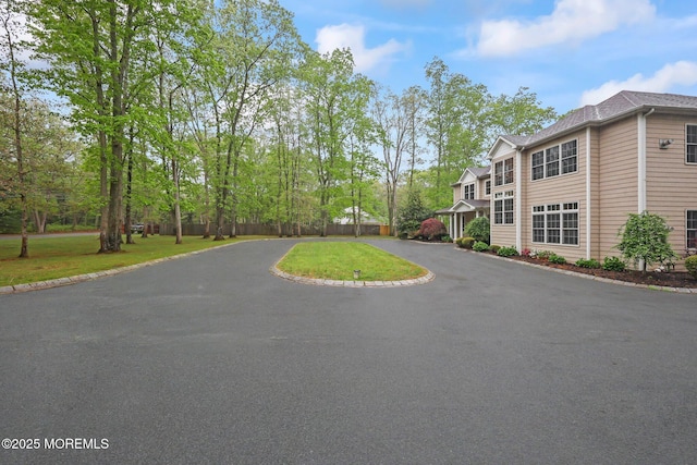 view of asphalt road with curbs