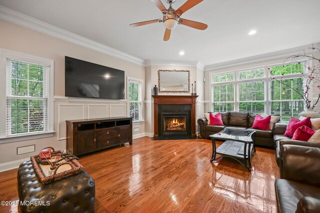 living area with a fireplace with flush hearth, crown molding, a ceiling fan, plenty of natural light, and wood finished floors
